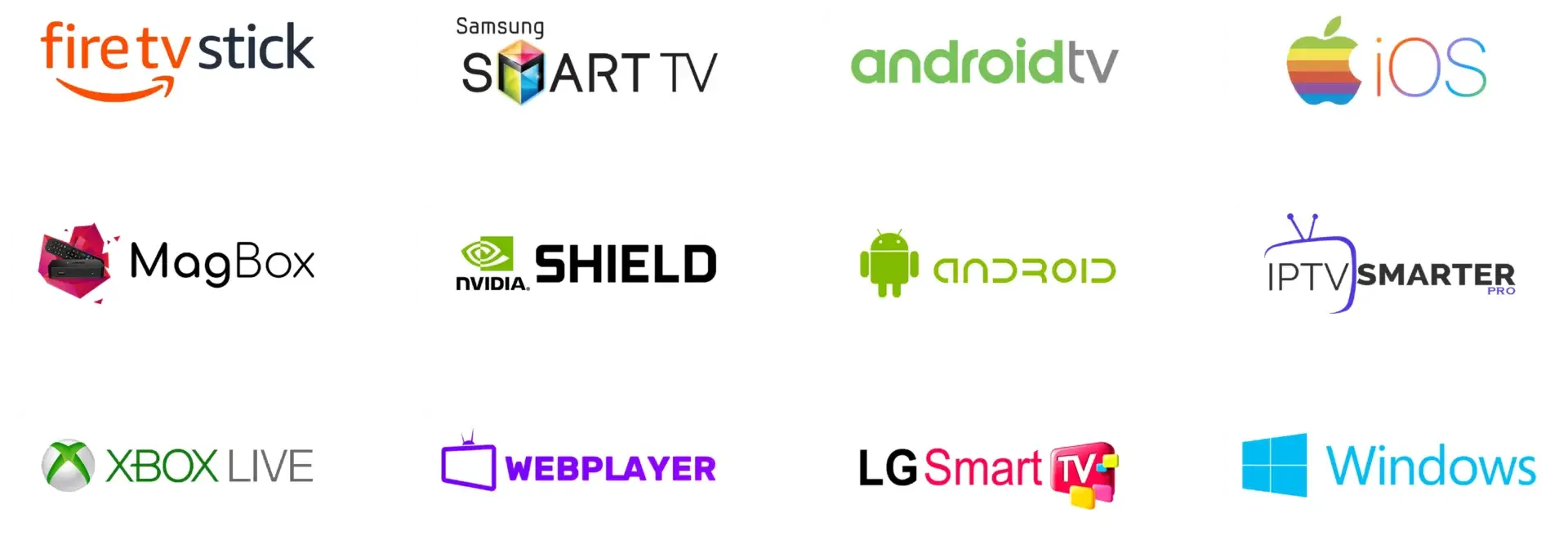 Devices an IPTV Canada subscription runs on: Fire TV Stick, Samsung and LG smart TVs, Android TV, Nvidia Shield, MAG box, iPhone, Windows and web player