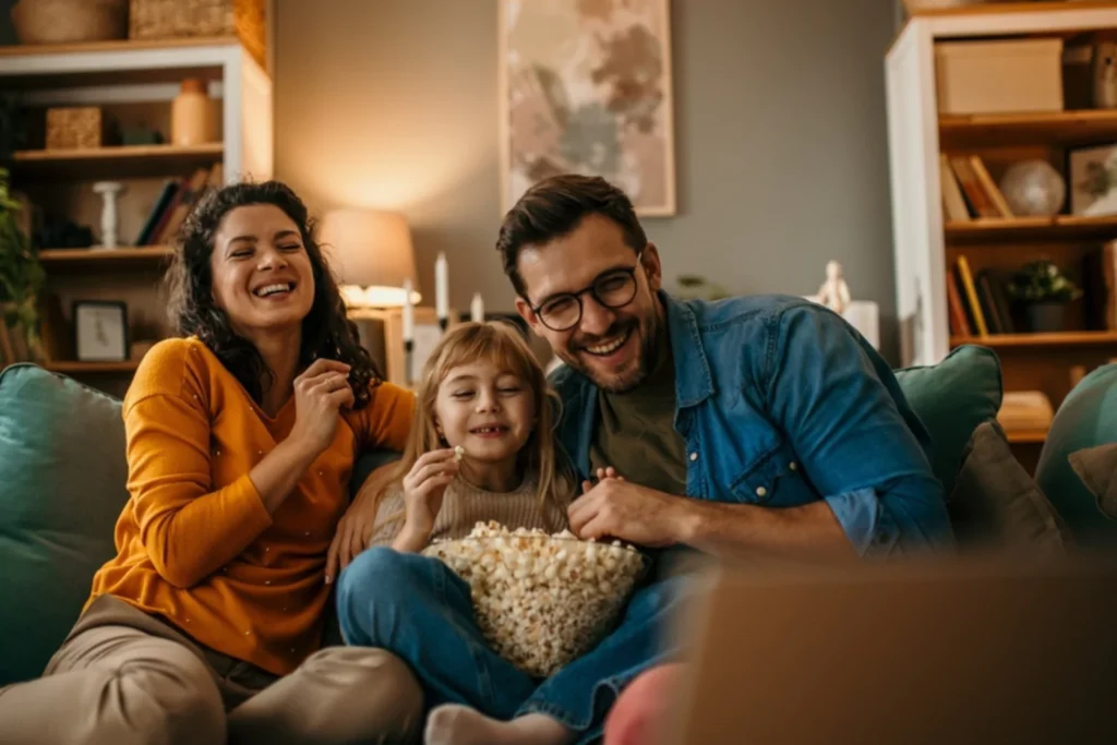 A Canadian family watching a film together on the couch through their IPTV Canada plan