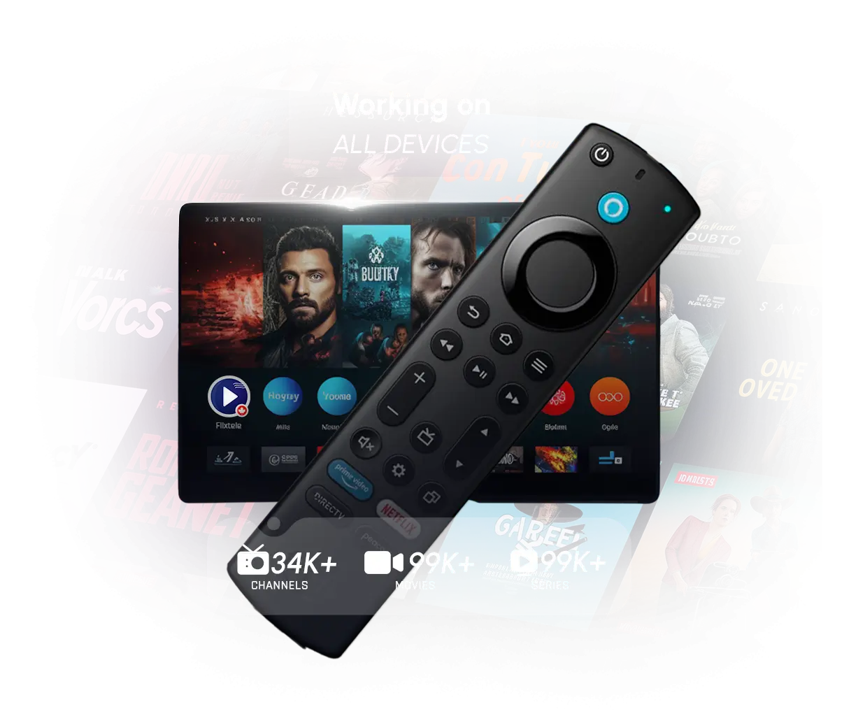 Amazon Fire TV Stick remote in front of a TV showing Canadian channels from an IPTV Canada service