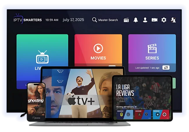 IPTV Canada service running on a 4K TV with Live, Movies and Series tiles, and the same subscription on a laptop, tablet and phone